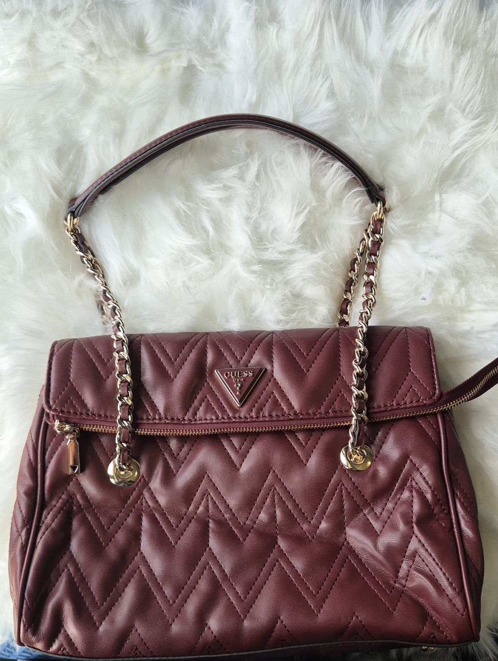 Guess Quilted Shoulder Bag in Burgundy with Gold Chain